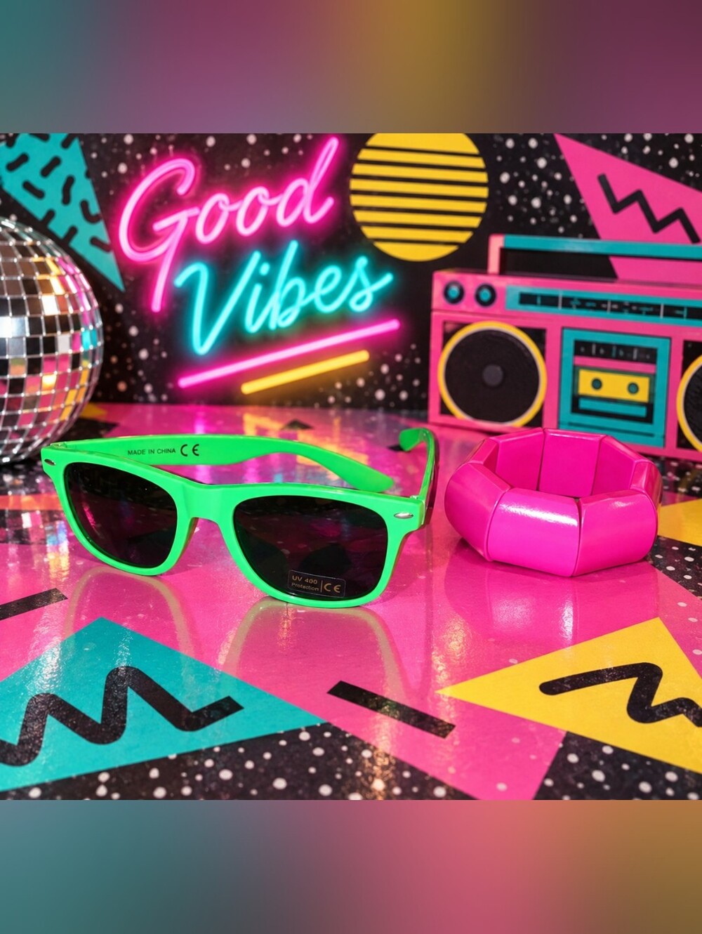 Green Sunglasses and Hot Pink Stretchy Bracelet Set 80's PARTY